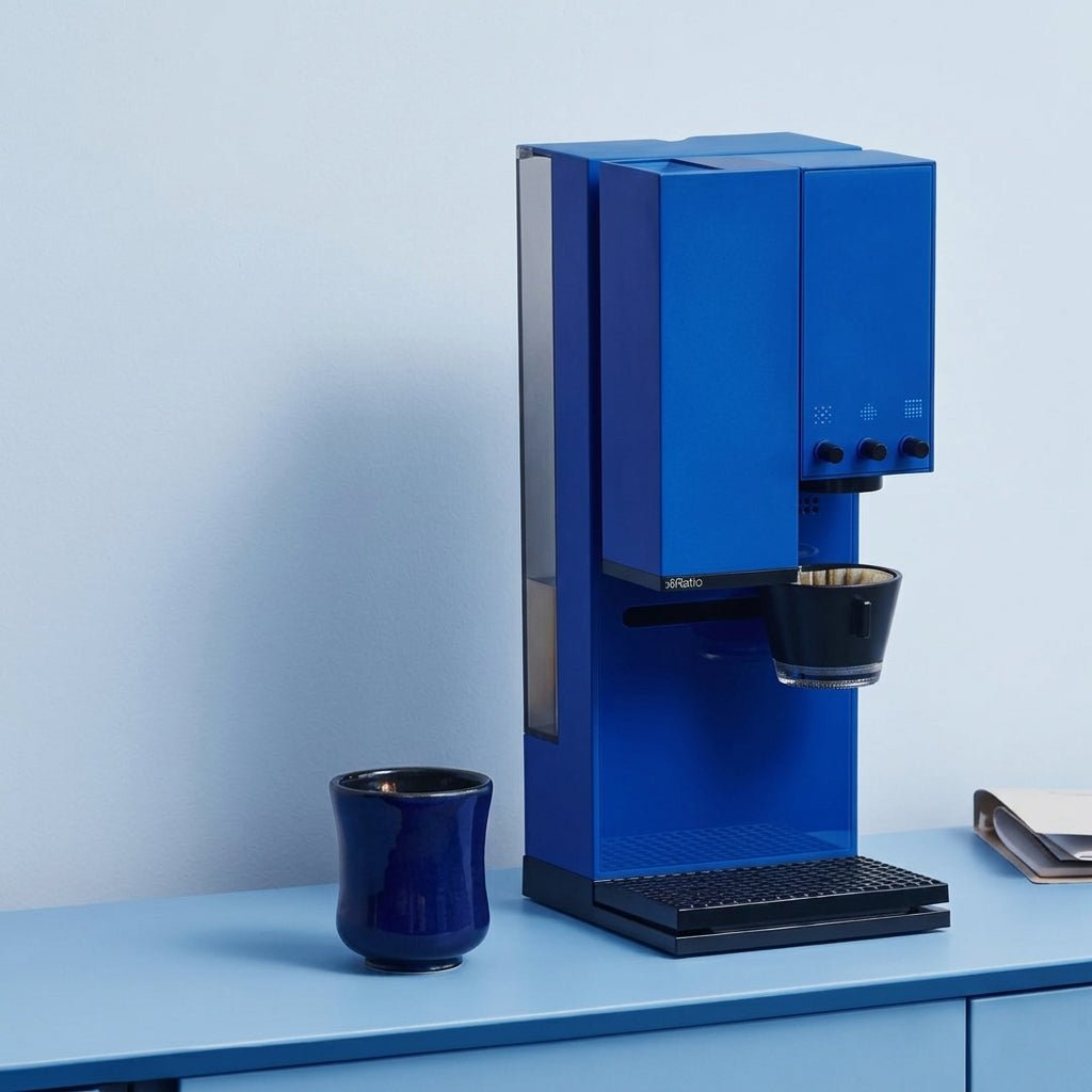ماكينة قهوة مقطرة اكسبلوم باللون الأزرق مع كوب بجانبها