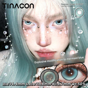 Creative fantasy makeup look featuring Tinacon Mermaid Blue lenses, highlighting the explosive blue pigmentation for cosplay and artistic styles.