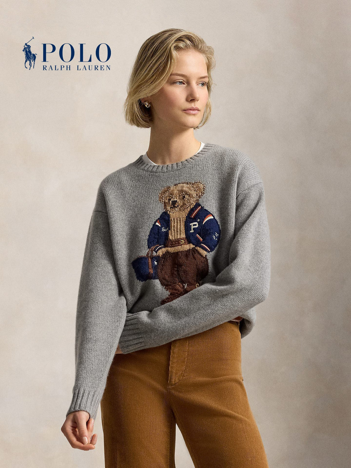 سويتر رالف لورين نسائي Polo Bear رمادي بقصة واسعة ورقبة دائرية