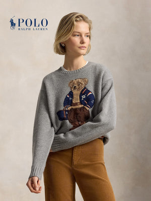 سويتر رالف لورين نسائي Polo Bear رمادي بقصة واسعة ورقبة دائرية