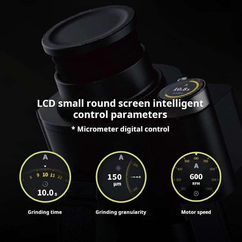 شاشة LCD في مطحنة Milo Play تعرض وقت الطحن والخشونة وسرعة المحرك