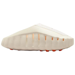 Studio profile shot of the Nike Mind 001 off-white slide, highlighting its minimal architectural silhouette and lower ventilation slits.