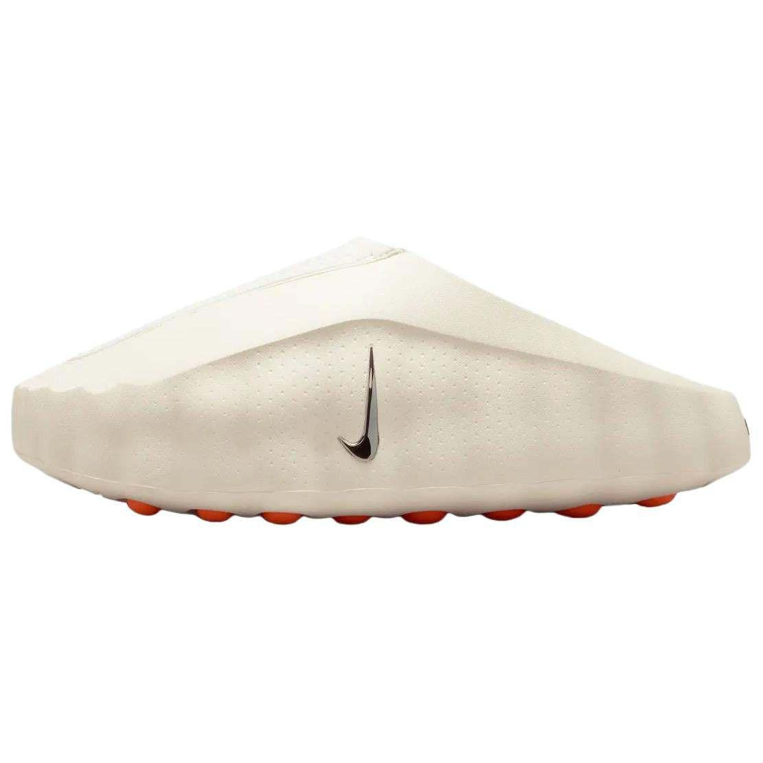 Side profile view of the Nike Mind 001 slip-on shoe in clean off-white, featuring a black swoosh and contrasting bright apricot orange outsole pods.