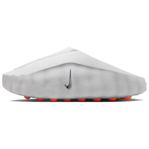 Side view of the Nike Mind 001 recovery clogs in light grey, showcasing the sleek biomorphic foam structure, laser perforations, and signature black swoosh.