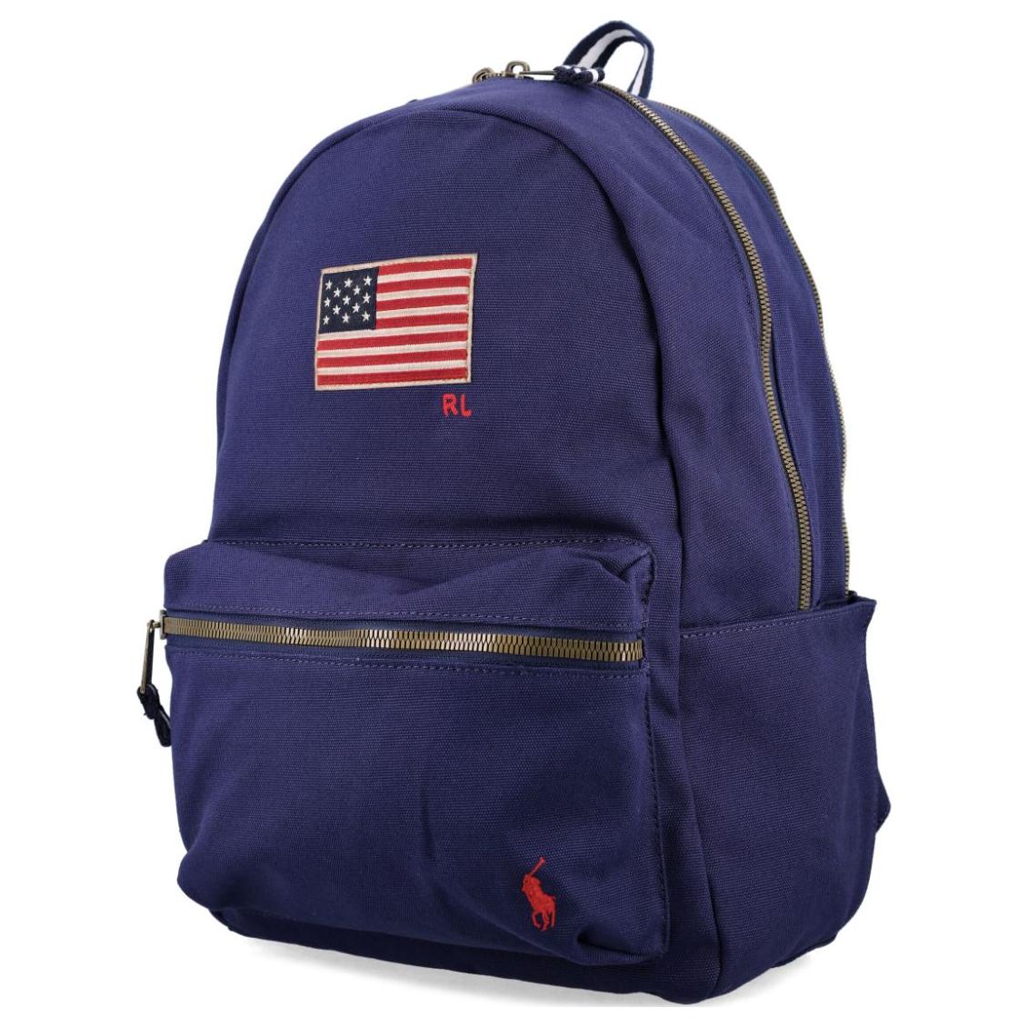 Side angle view of an original Ralph Lauren navy blue backpack with US flag patch and durable canvas design for school essentials.

عرض من الزاوية الجانبية لحقيبة ظهر رالف لورين باللون الكحلي أصلية مع رقعة العلم الأمريكي وتصميم القماش المتين لمستلزمات المدرسة.