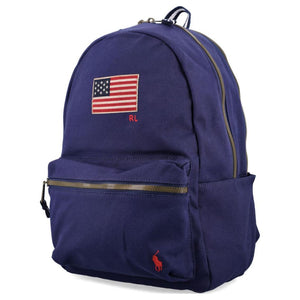 Side angle view of an original Ralph Lauren navy blue backpack with US flag patch and durable canvas design for school essentials.

عرض من الزاوية الجانبية لحقيبة ظهر رالف لورين باللون الكحلي أصلية مع رقعة العلم الأمريكي وتصميم القماش المتين لمستلزمات المدرسة.