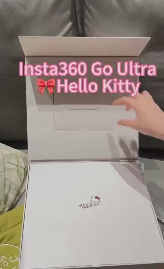 A video thumbnail showing the unboxing experience of the limited edition Hello Kitty Insta360 GO Ultra action camera from its white gift box.