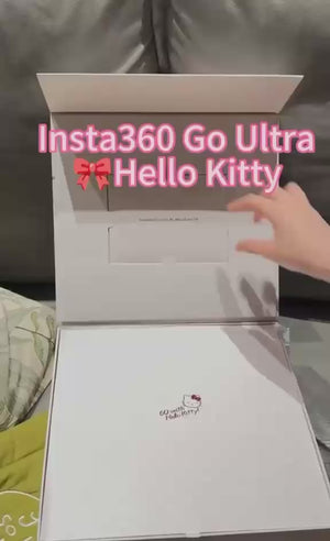 A video thumbnail showing the unboxing experience of the limited edition Hello Kitty Insta360 GO Ultra action camera from its white gift box.