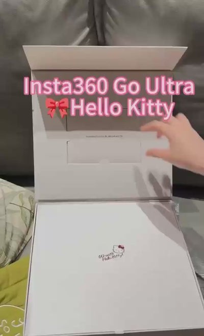 A video thumbnail showing the unboxing experience of the limited edition Hello Kitty Insta360 GO Ultra action camera from its white gift box.