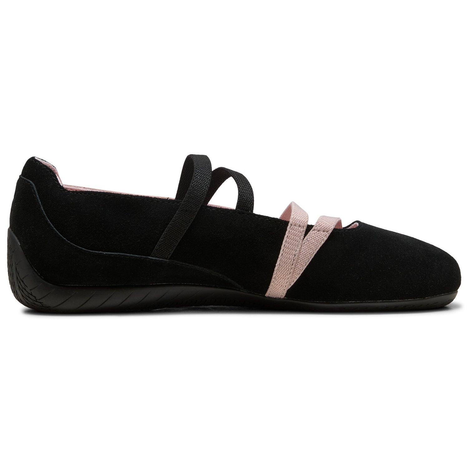 Puma Speedcat Ballet black pink women shoes profile view showing crossover straps detail.