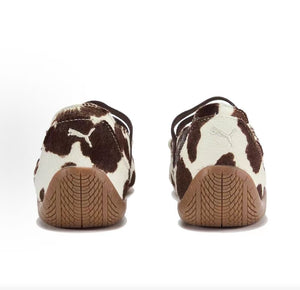 Puma Speedcat Ballet cow print brown white shoes back view showing heel construction and logo.