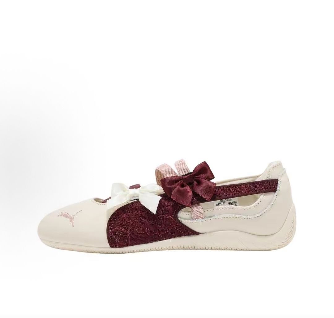 Puma Speedcat Ballet cream burgundy shoes side view displaying decorative ribbon bows design.