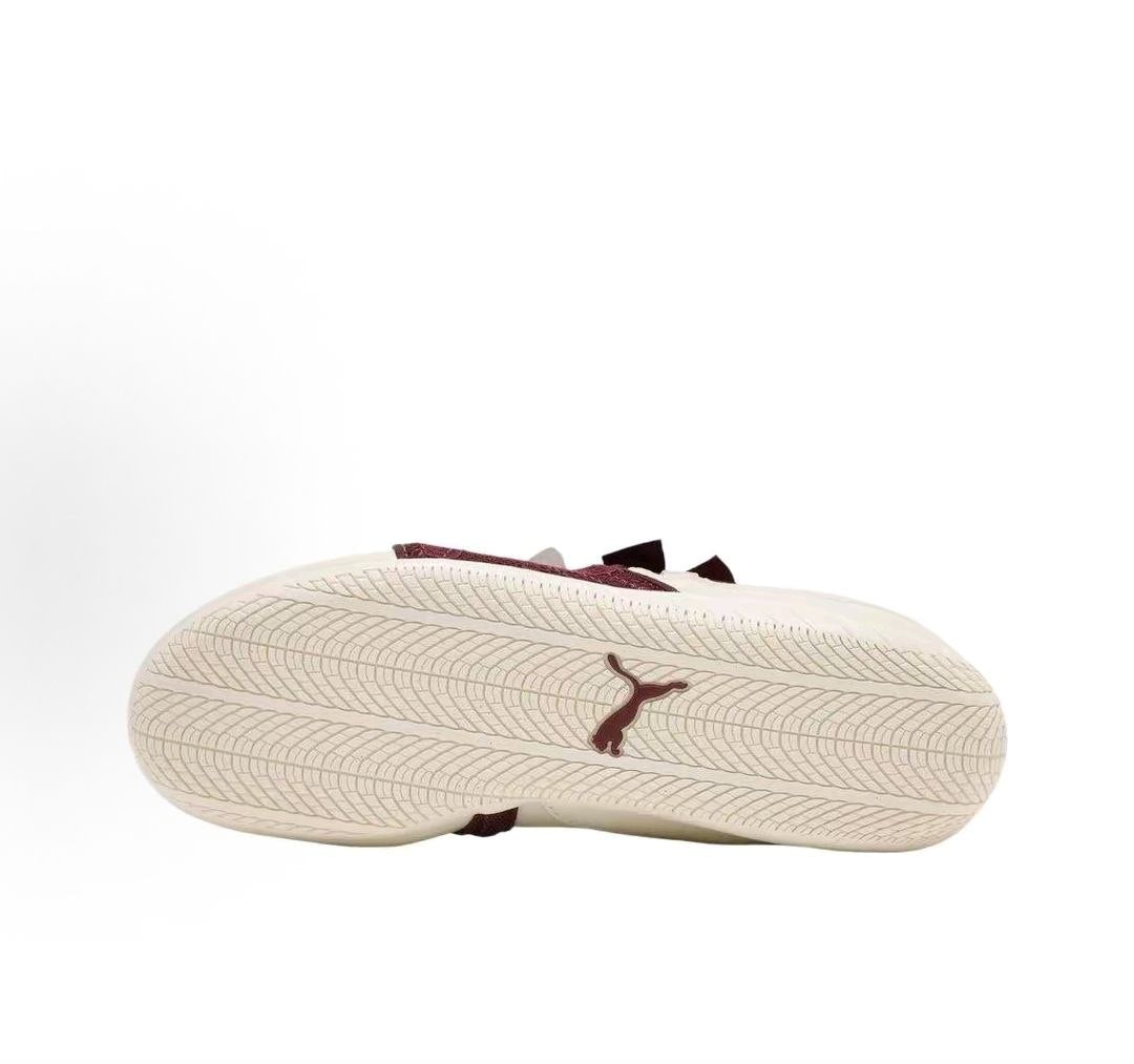 Puma Speedcat Ballet cream burgundy shoes bottom view showing light rubber outsole and tread pattern.