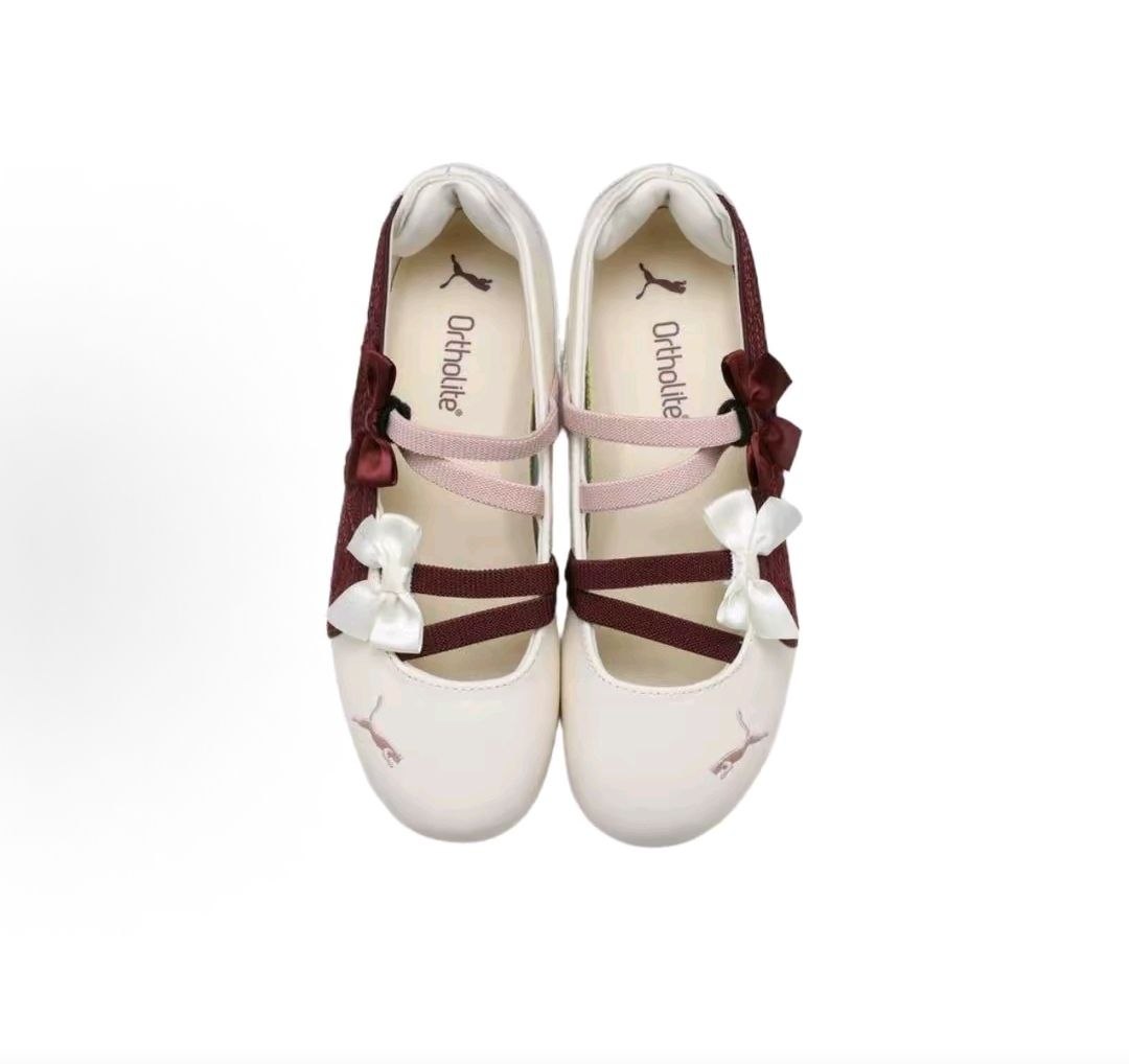 Puma Speedcat Ballet cream burgundy shoes top view showing crossover straps and bow details.