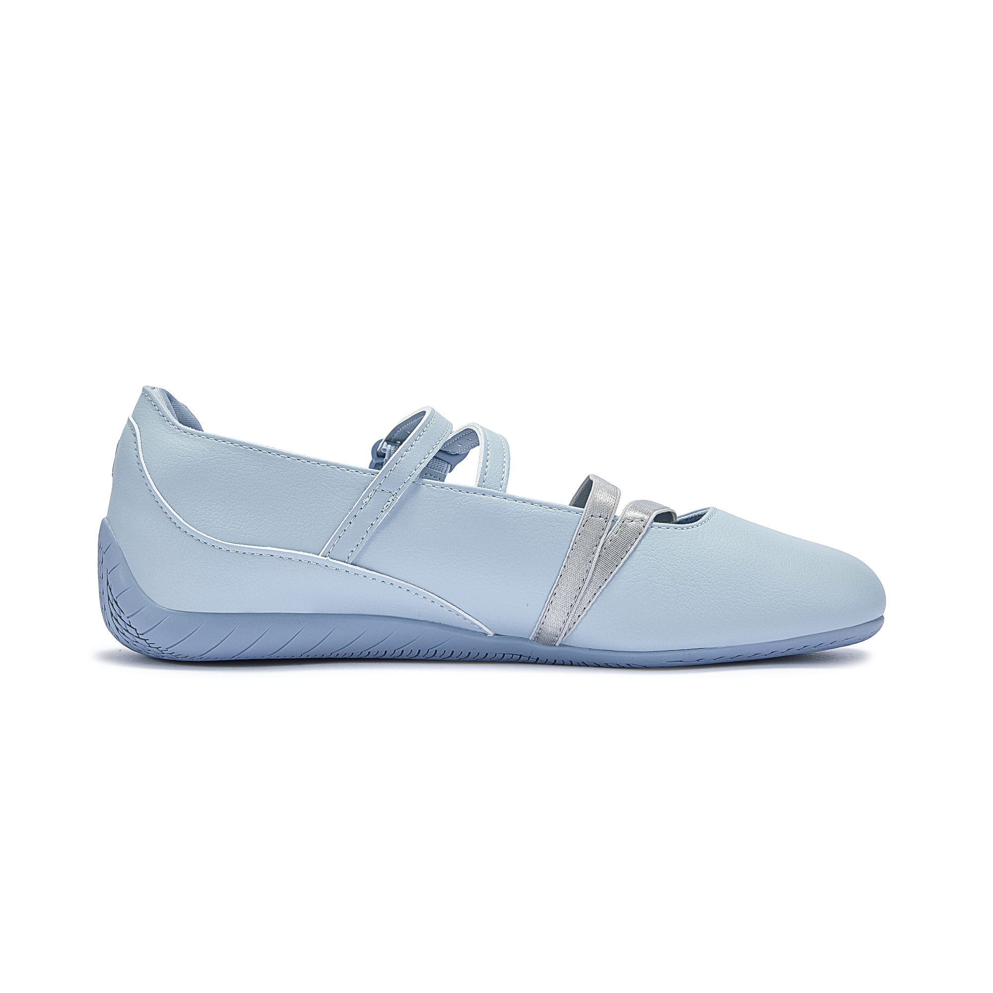Puma Speedcat Ballet light blue silver women shoes profile view showing crossover straps.