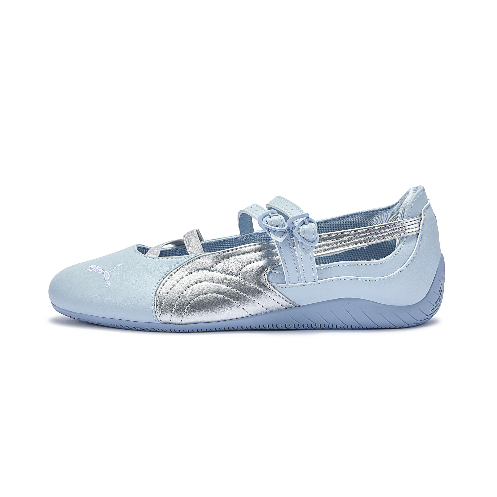 Puma Speedcat Ballet light blue silver shoes side view displaying metallic formstrip detail.