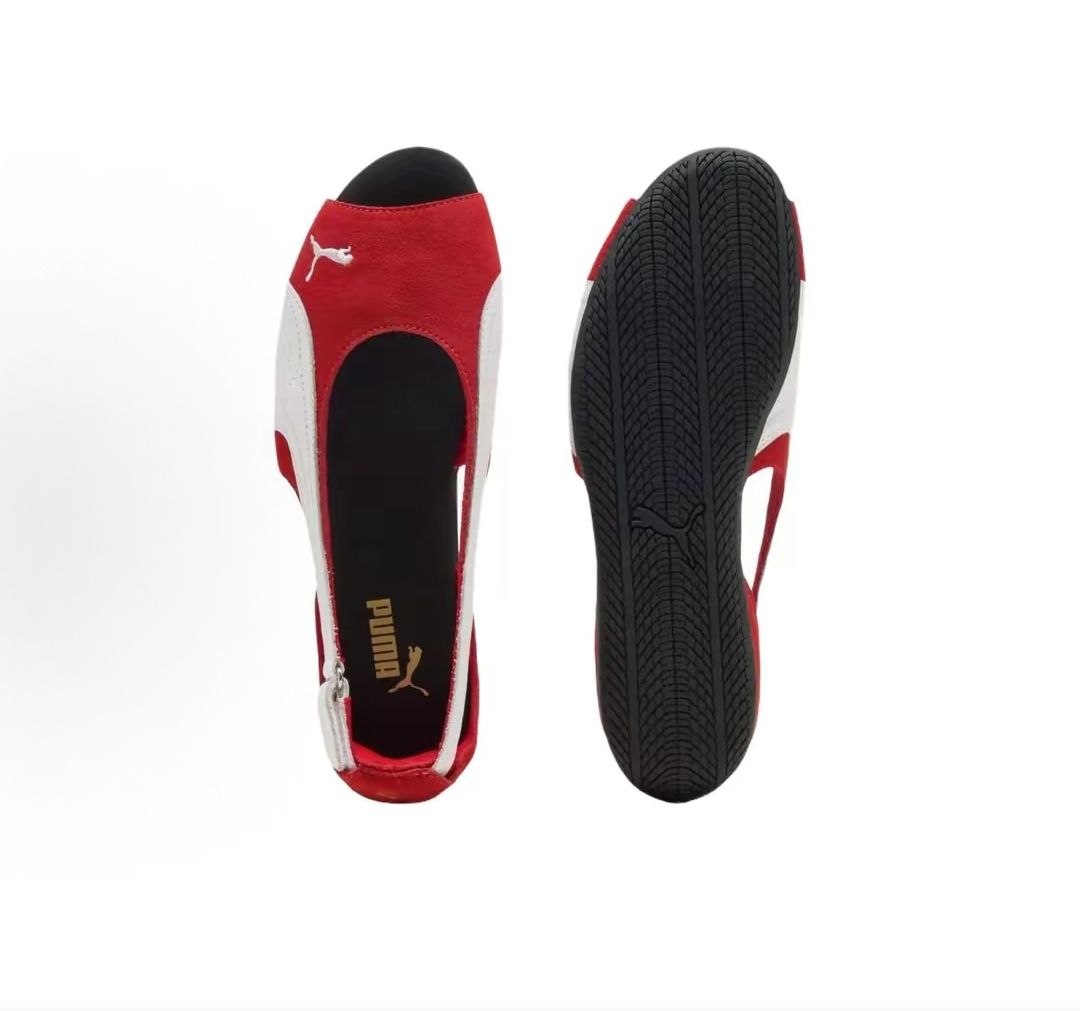 Puma Speedcat Ballet open-toe red white shoes top insole view and black rubber outsole pattern.