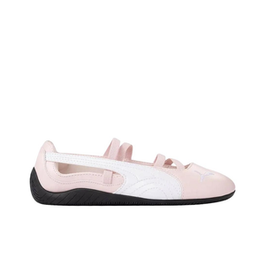 Puma Speedcat Ballet pink white women shoes profile view showing upper elastic straps.