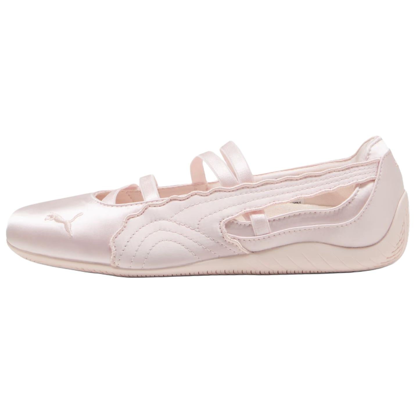 Puma Speedcat Ballet satin pink shoes side view displaying silky upper and formstrip.