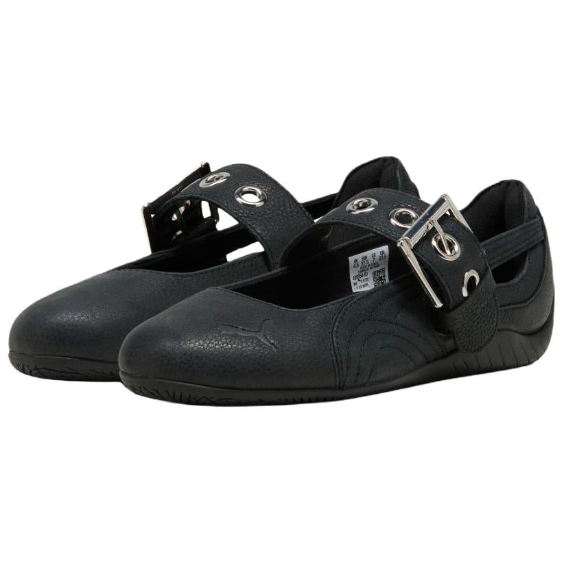 Pair of original Puma Speedcat Ballet Strap black shoes front angle view on white background.