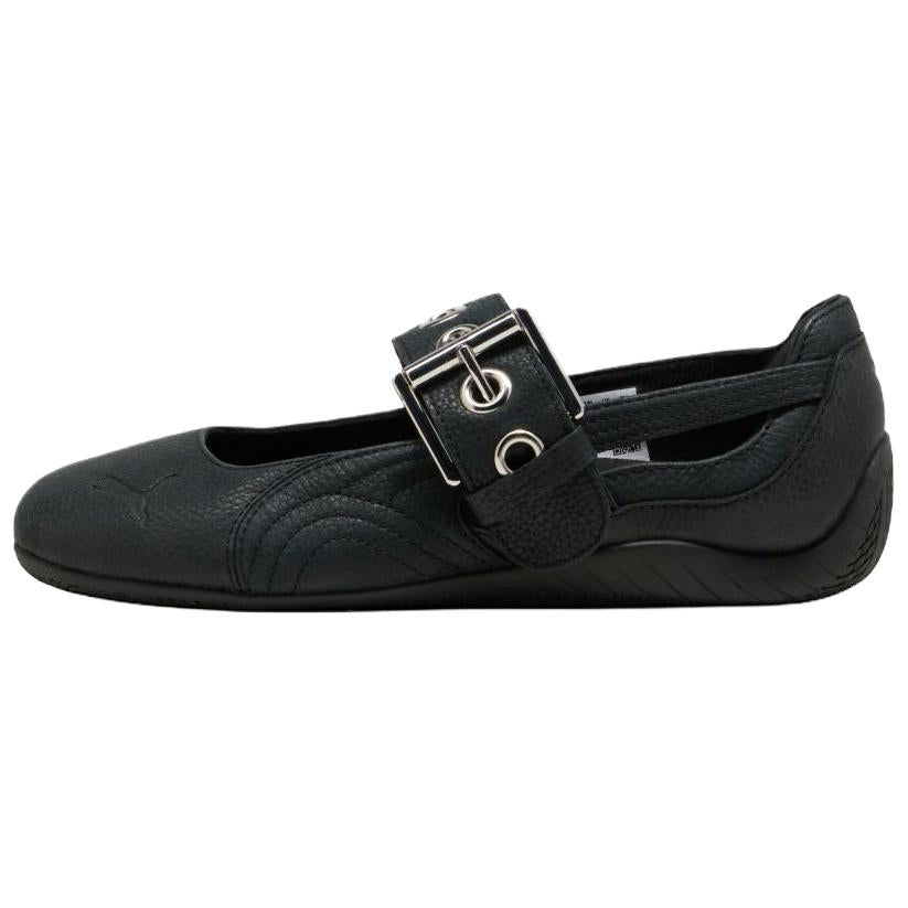 Puma Speedcat Ballet Strap black shoes side view displaying sleek silhouette and buckle.