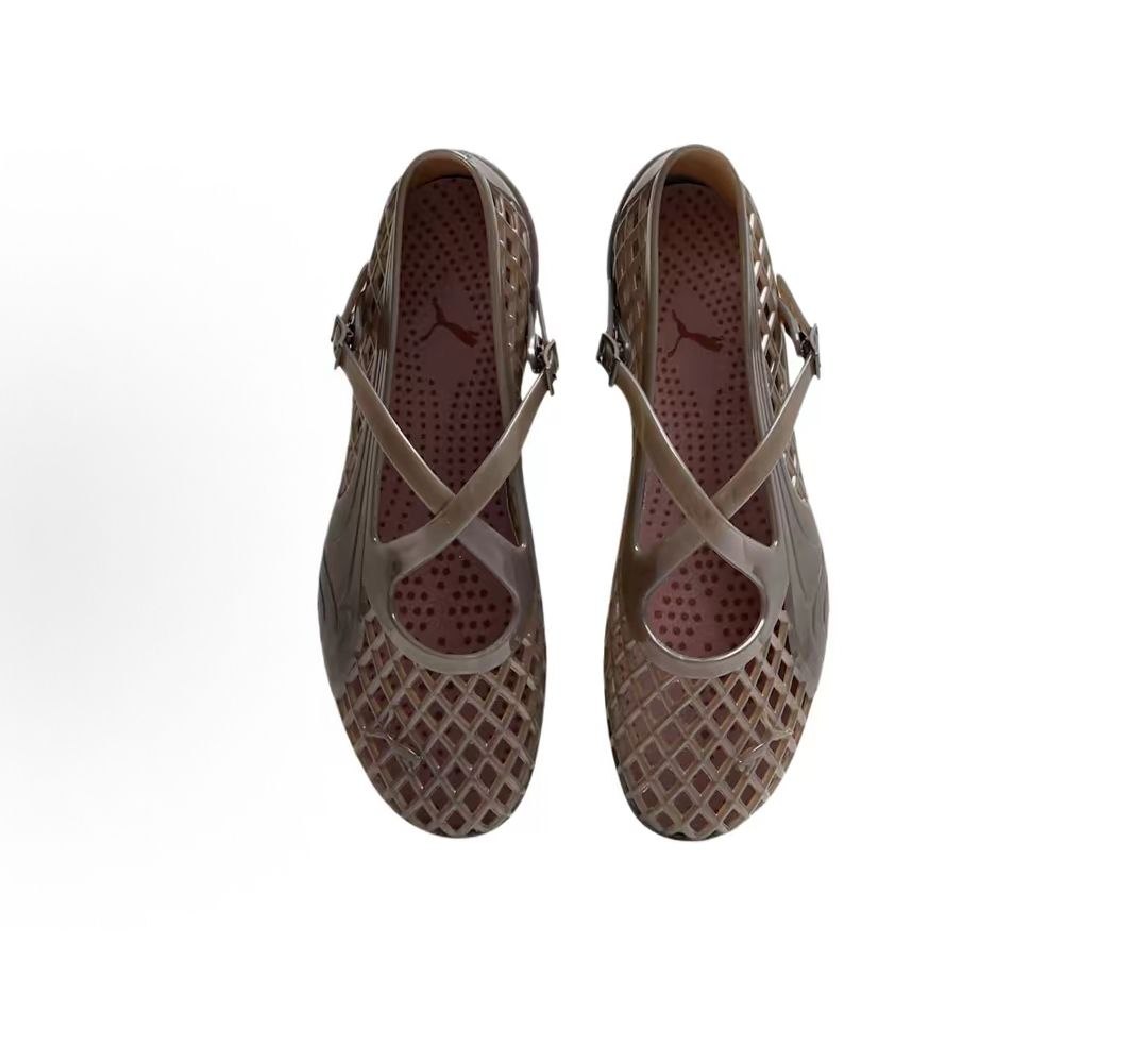 Puma Speedcat Ballet Strap brown jelly shoes top view showing insole and upper strap layout.