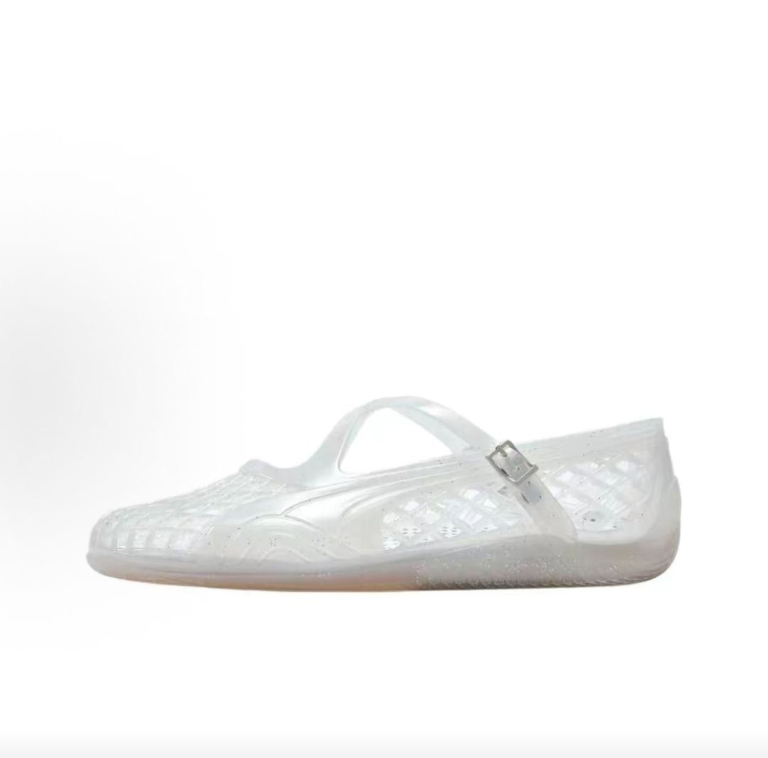 Puma Speedcat Ballet Strap clear jelly shoes side view displaying translucent woven design.