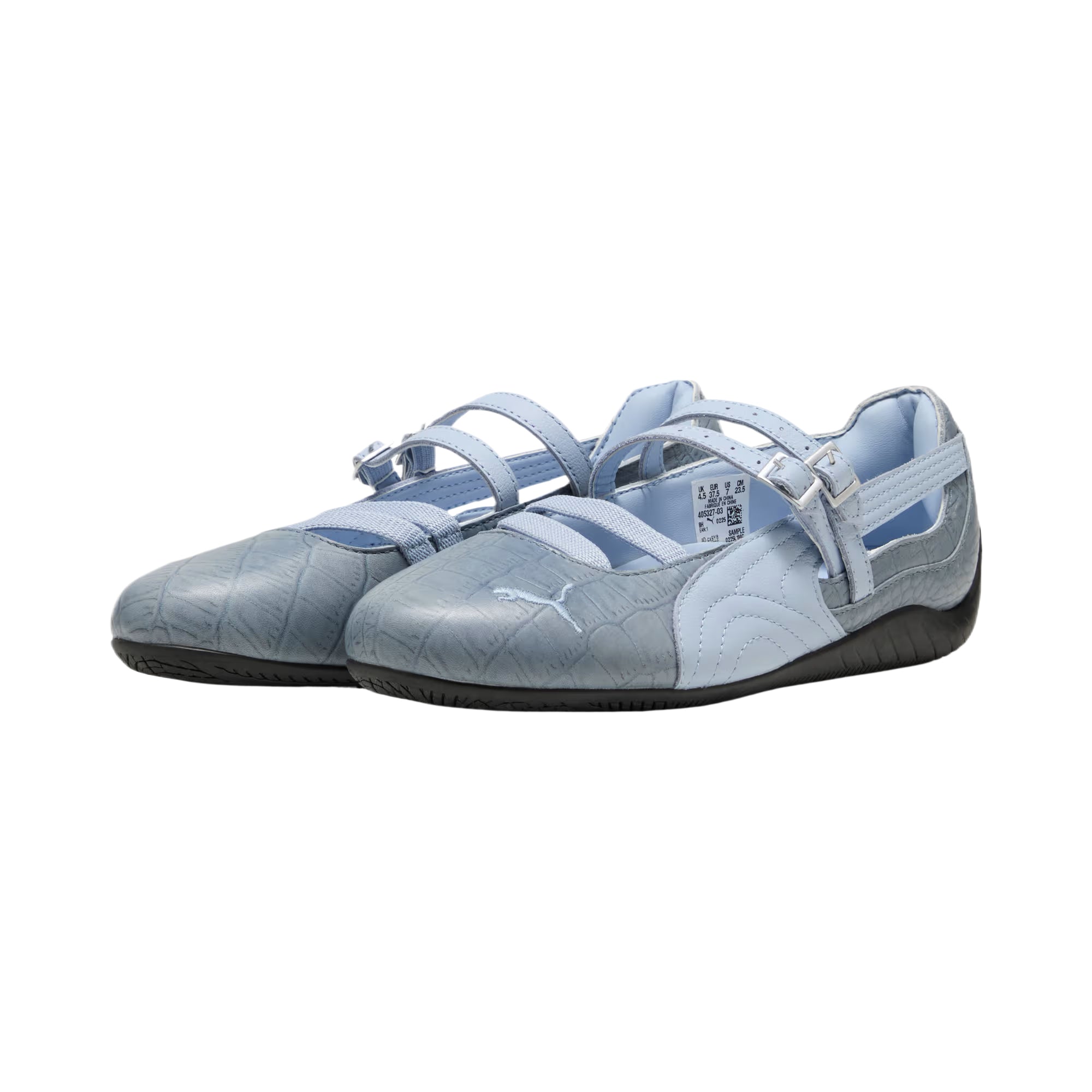 Pair of original Puma Speedcat Ballet Strap black shoes front angle view on white background.