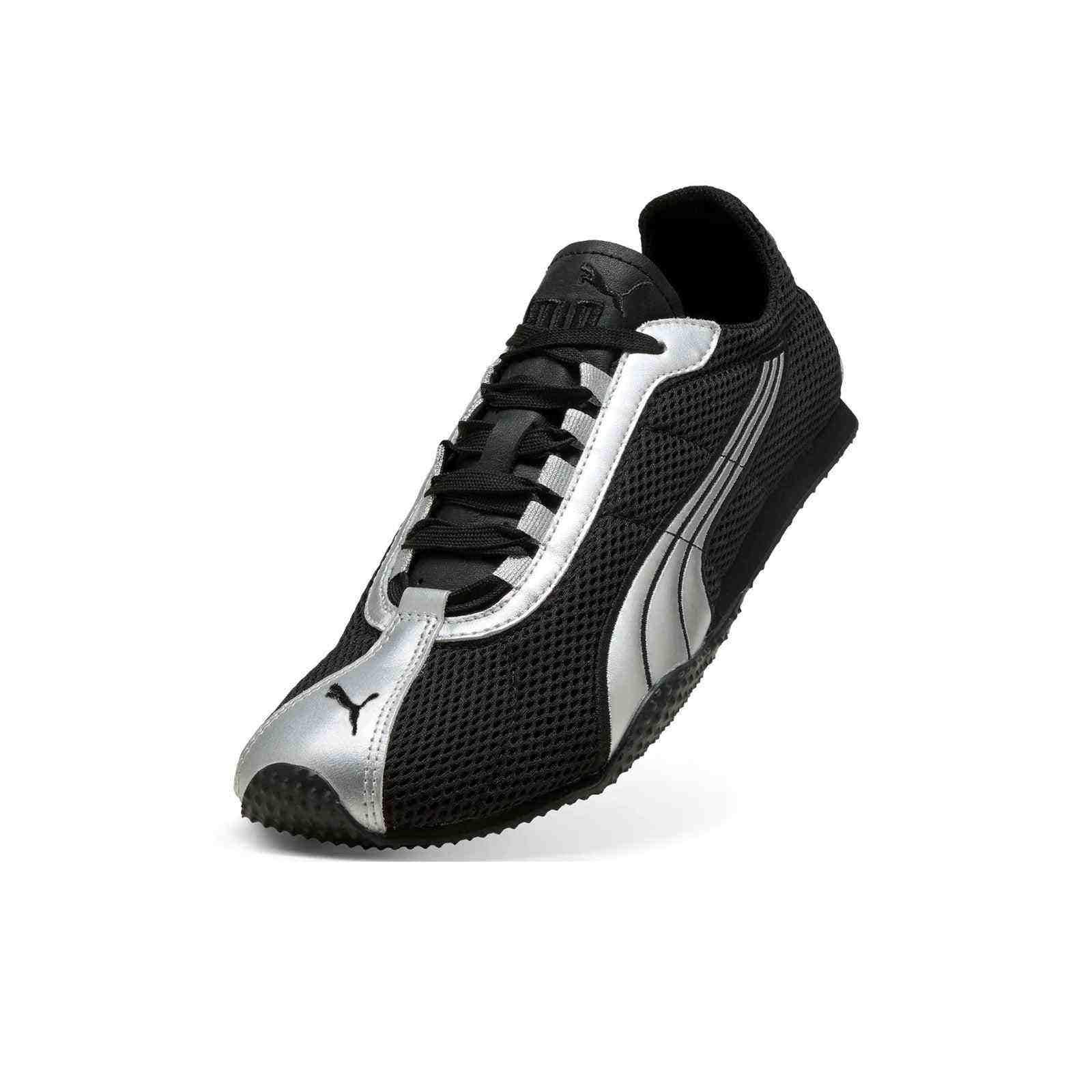 Puma Speedcat black silver mesh shoe front top perspective showing lace system and toe cap.