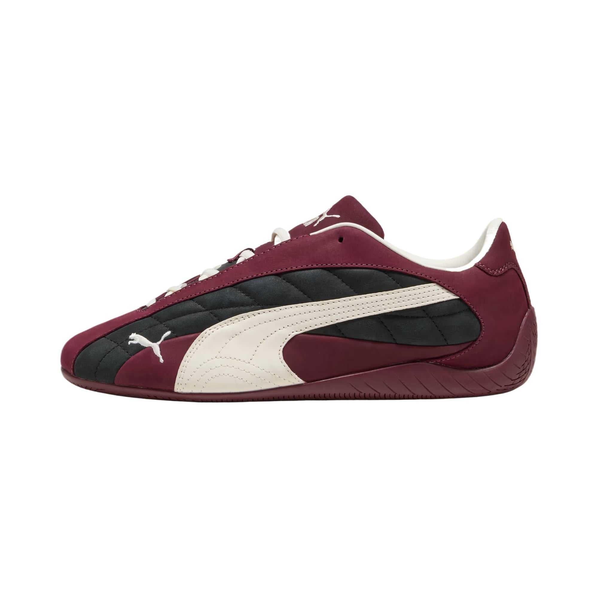 Puma Speedcat burgundy black white shoes side view displaying classic formstrip design.