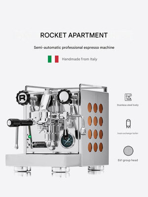 بوستر المواصفات والتصميم الإيطالي لـ ماكينة اسبريسو احترافية Rocket Apartamento product poster.