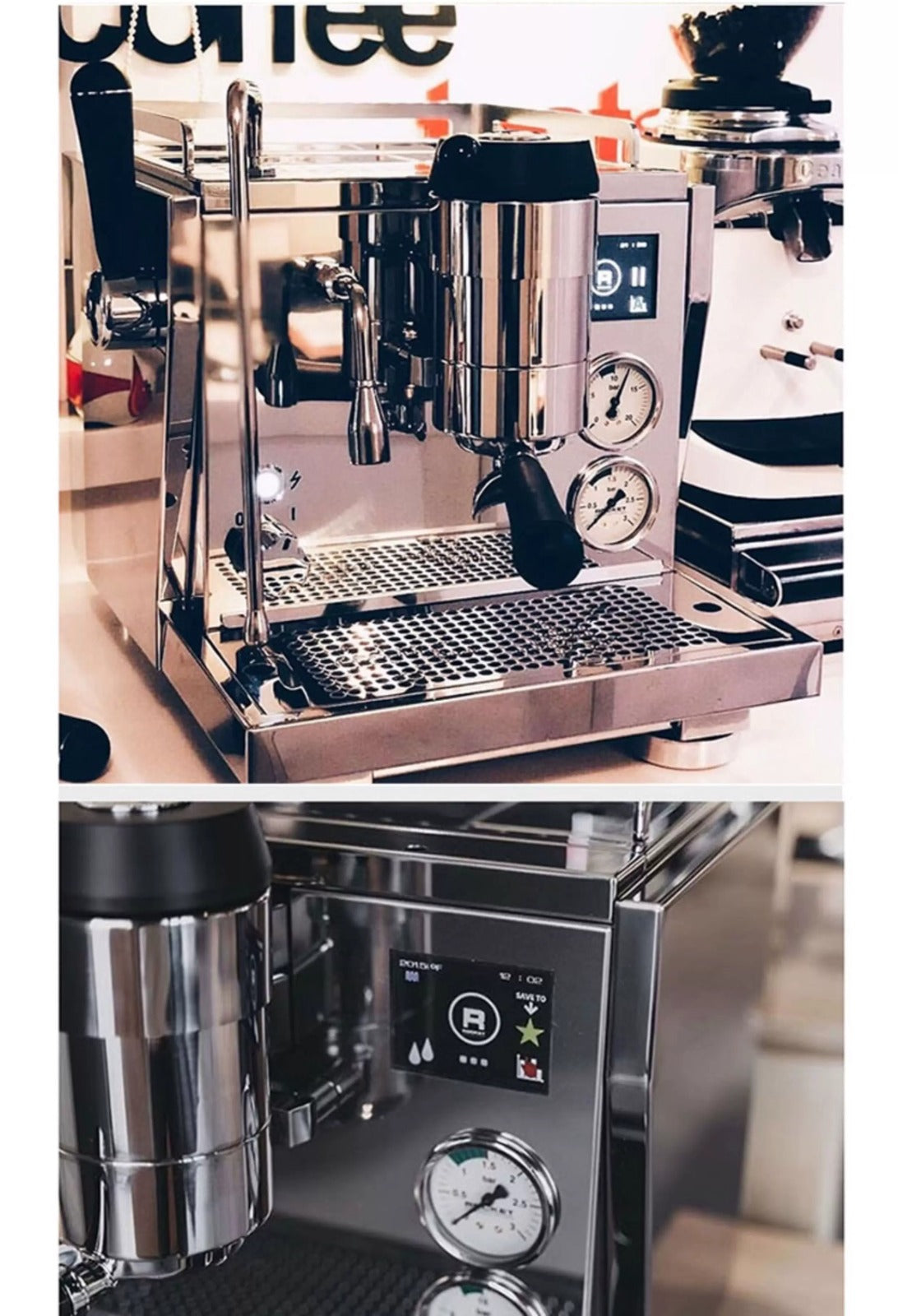 ركن القهوة والبارستا لـ ماكينة اسبريسو احترافية Rocket R9 ONE barista setup view.