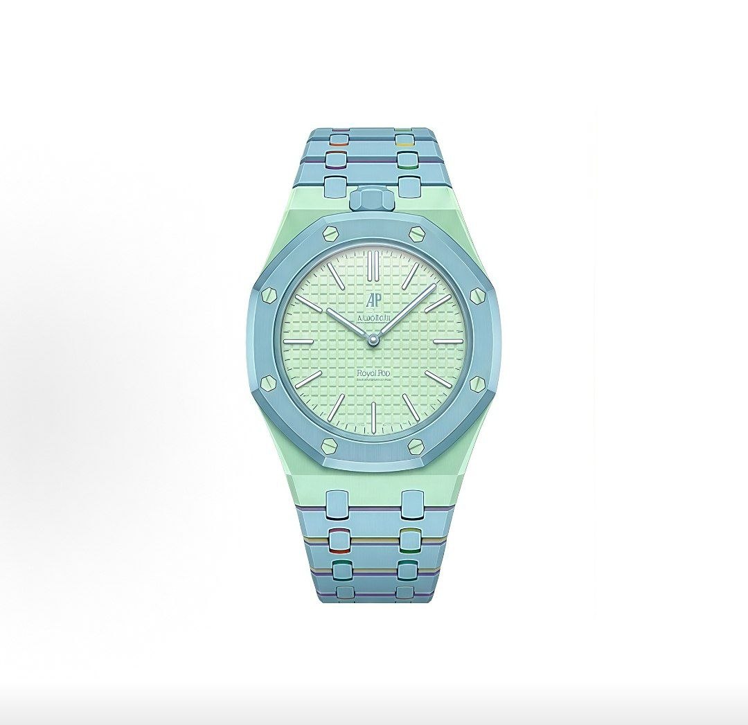 Front view of Royal Pop Blue Acht watch with a light green dial, octagonal light blue bezel, and a matching patterned strap on a white background.