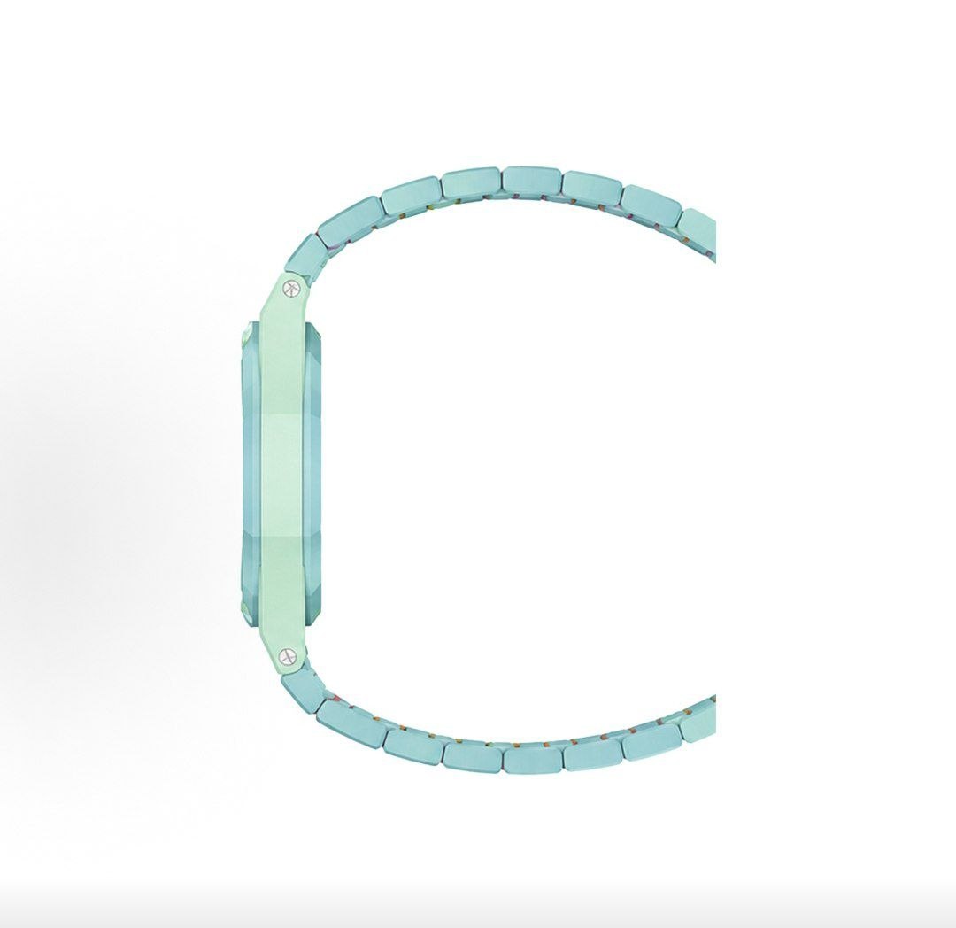 Side profile view of the Royal Pop Blue Acht watch showing the thickness of the bioceramic case and the curvature of the wrist strap.