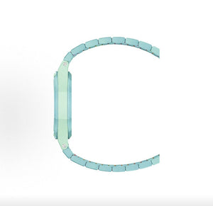 Side profile view of the Royal Pop Blue Acht watch showing the thickness of the bioceramic case and the curvature of the wrist strap.