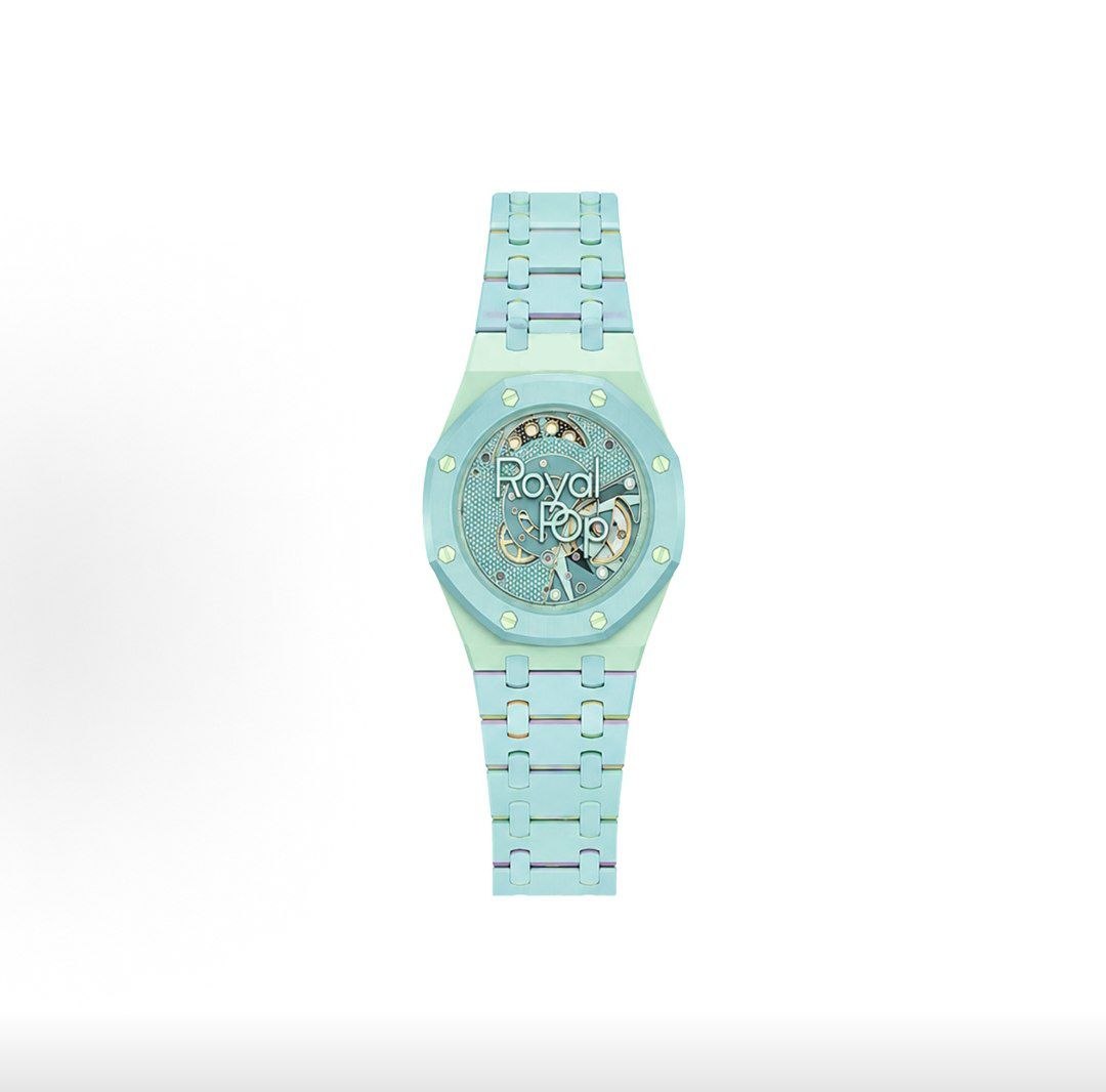 Back view of the Royal Pop Blue Acht watch showcasing the skeleton movement and internal mechanical gears through the transparent case.