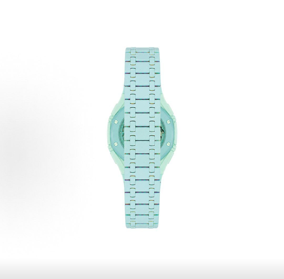 Close-up view of the back of the Royal Pop Blue Acht watch strap, showing the clasp area and uniform light blue and green pattern.