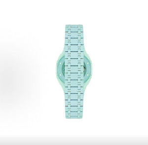 Close-up view of the back of the Royal Pop Blue Acht watch strap, showing the clasp area and uniform light blue and green pattern.