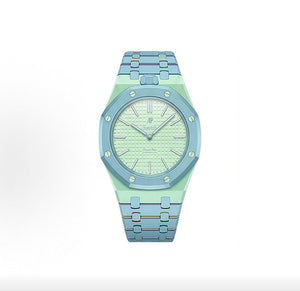 Full vertical front view of the Royal Pop Blue Acht custom watch with its distinctive octagonal bezel and structured wristband.