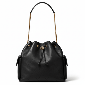 شنطة توري بورش Charlie جلد بقر أسود بسلسلة ذهبية من الأمام