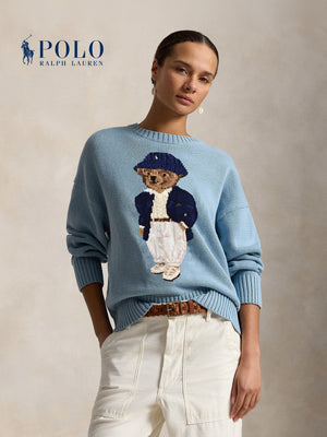 سويتر رالف لورين نسائي Polo Bear باللون الأزرق بدب محبوك في الواجهة