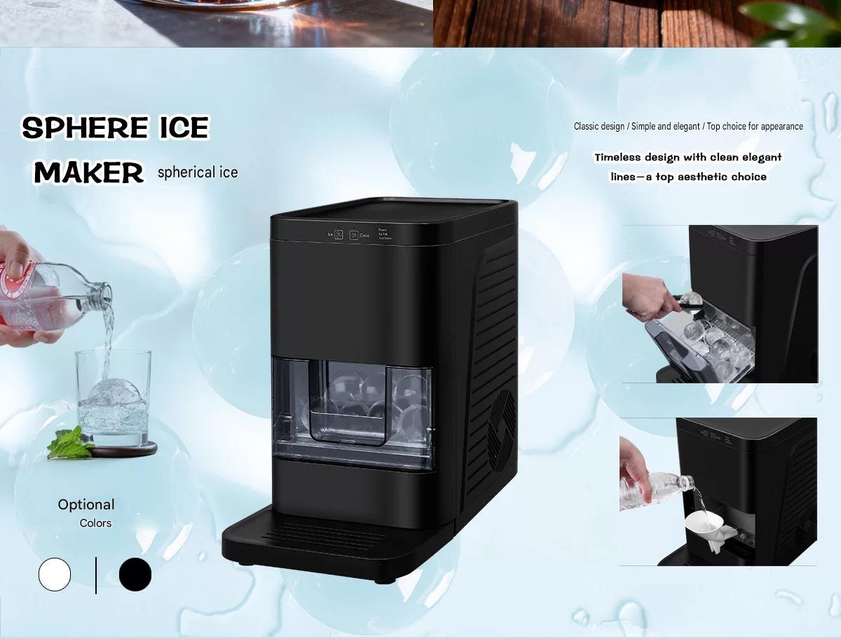 An infographic template with a blue water splash background highlighting the main specifications of a spherical ice maker machine.