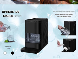 An infographic template with a blue water splash background highlighting the main specifications of a spherical ice maker machine.