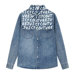 سترة جينز مغسول Juicy Couture بطبعة حروف وغرافيتي أزرق - رفعة