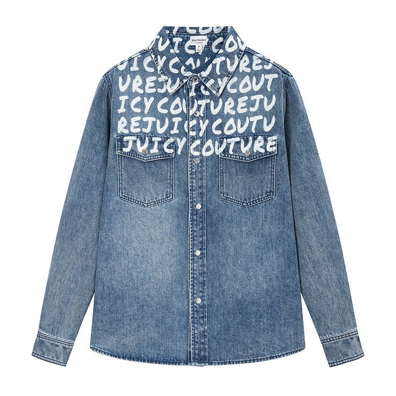 سترة جينز مغسول Juicy Couture بطبعة حروف وغرافيتي أزرق - رفعة