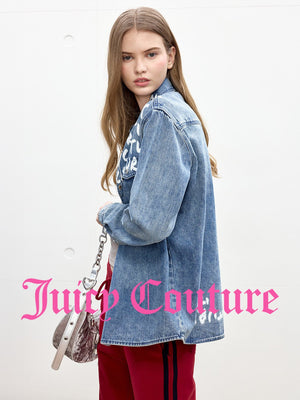 سترة جينز مغسول Juicy Couture بطبعة حروف وغرافيتي أزرق - رفعة
