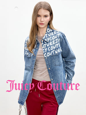 سترة جينز مغسول Juicy Couture بطبعة حروف وغرافيتي أزرق - رفعة
