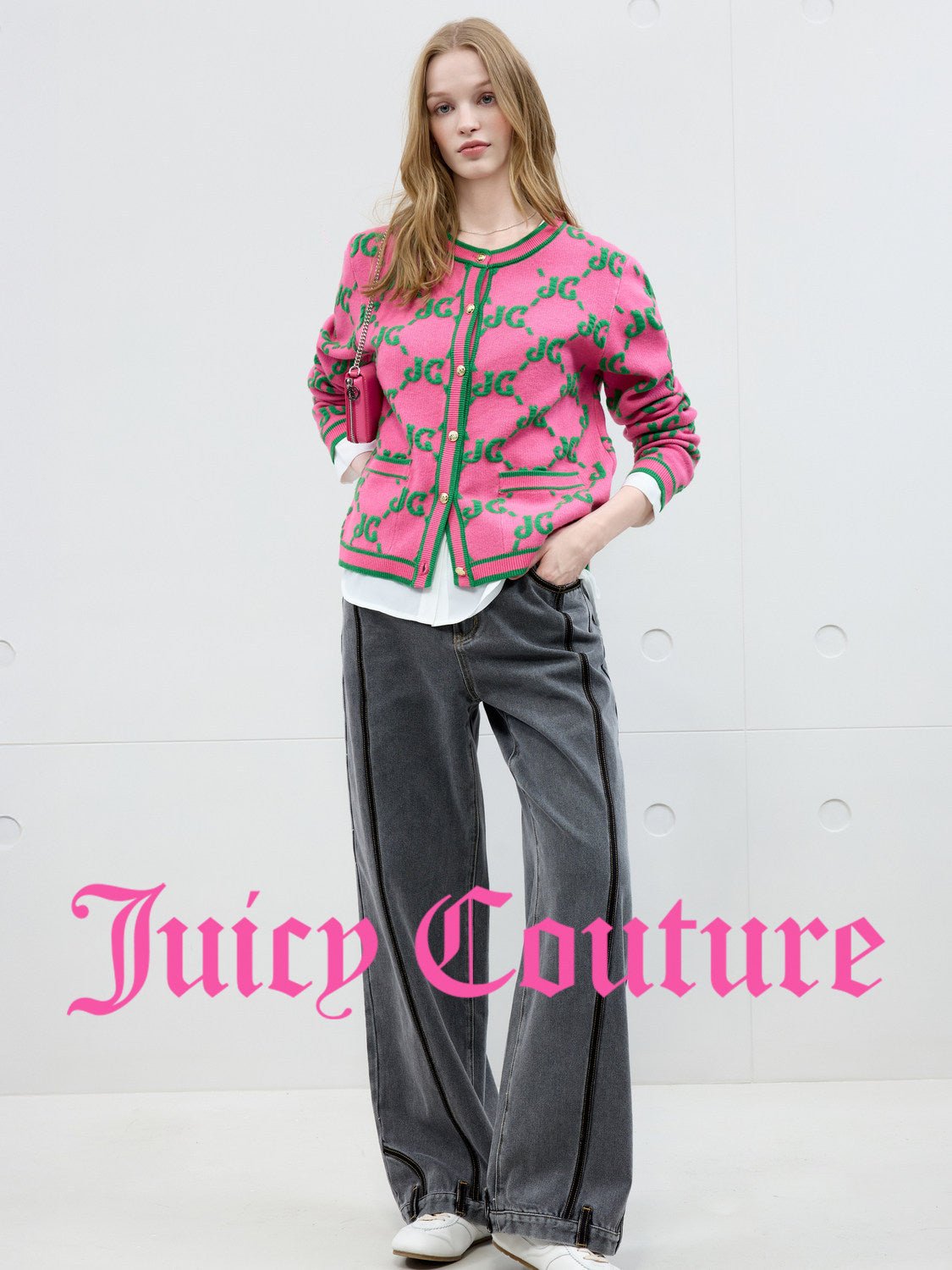سترة محبوكة نسائية Juicy Couture جاكار ممزوجة بالصوف أحمر وردي - رفعة