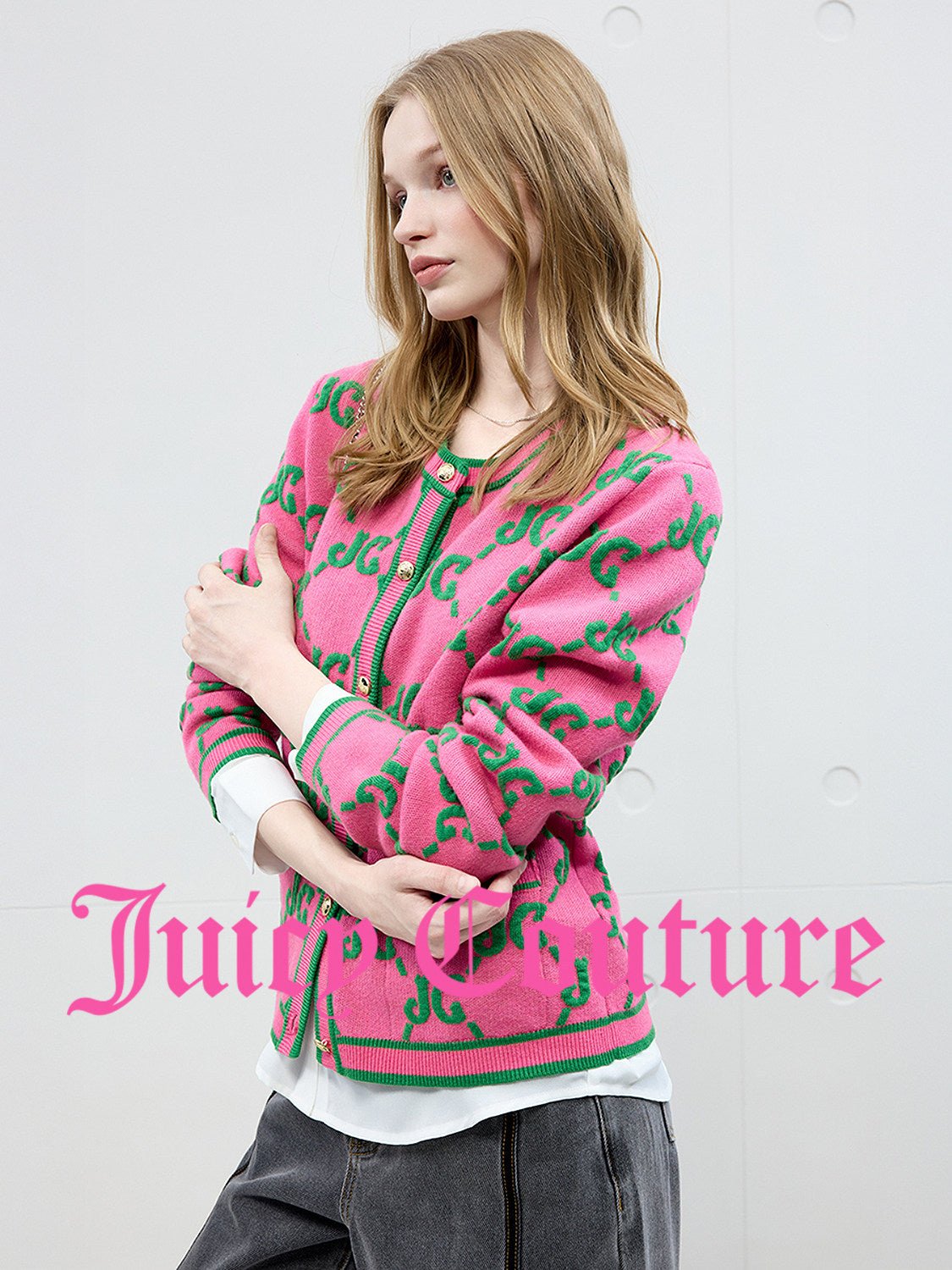 سترة محبوكة نسائية Juicy Couture جاكار ممزوجة بالصوف أحمر وردي - رفعة