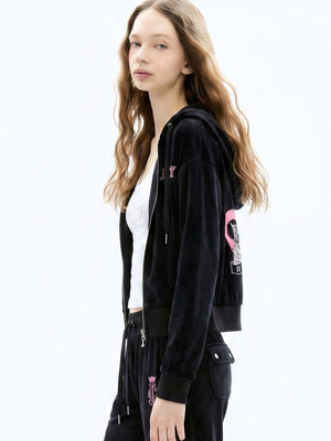 سترة مخمل مرن نسائية Juicy Couture بأحجار لامعة سوداء - رفعة